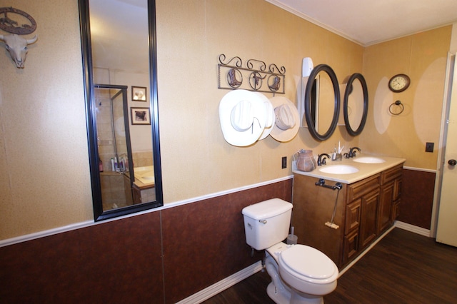 bathroom with toilet, vanity, and hardwood / wood-style flooring