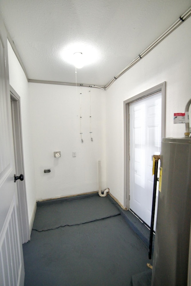 interior space with a textured ceiling, gas water heater, and billiards