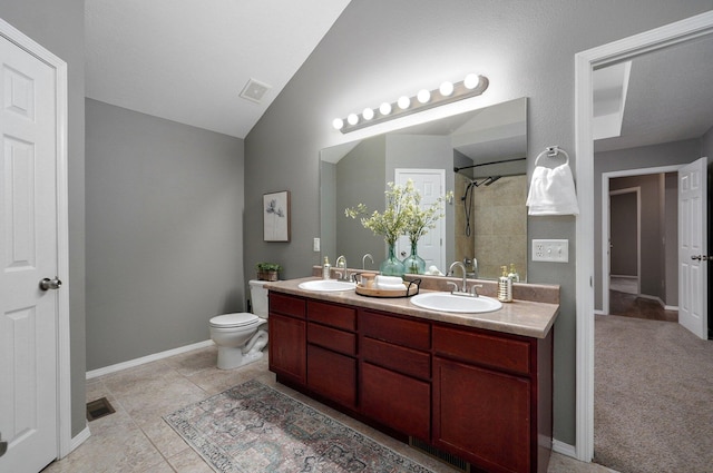 bathroom featuring walk in shower, vanity, tile patterned flooring, toilet, and lofted ceiling