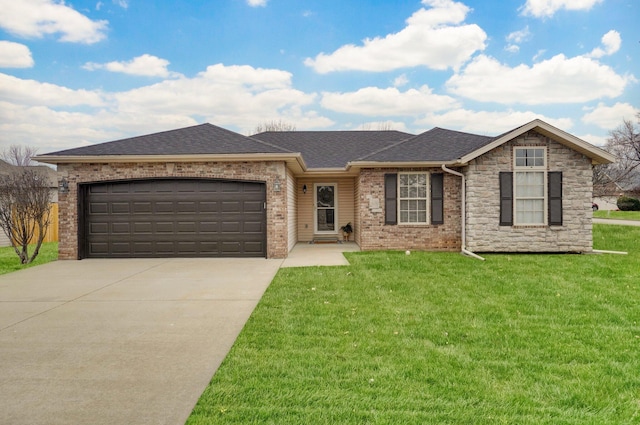 single story home featuring a garage and a front lawn