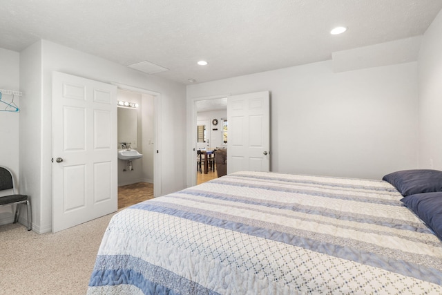 carpeted bedroom with connected bathroom and sink