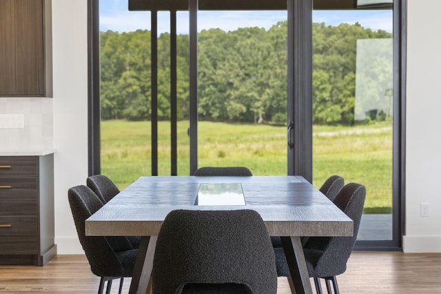 dining space with a wealth of natural light and light hardwood / wood-style flooring