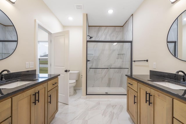 bathroom with vanity, toilet, and a shower with shower door