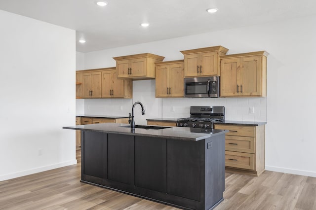 kitchen featuring appliances with stainless steel finishes, light hardwood / wood-style floors, sink, and a center island with sink