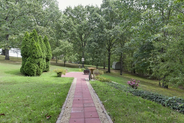 view of property's community featuring a lawn and a storage unit