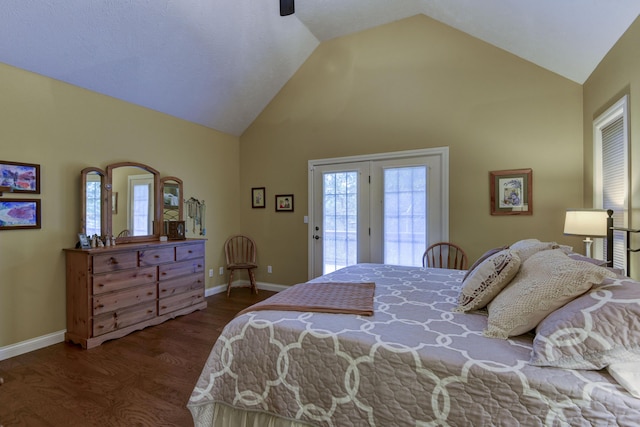 bedroom with dark wood-type flooring, french doors, vaulted ceiling, ceiling fan, and access to exterior