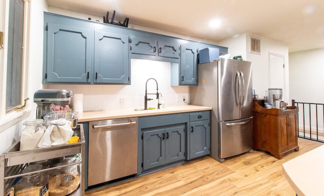 kitchen with sink, stainless steel appliances, blue cabinets, decorative backsplash, and light wood-type flooring