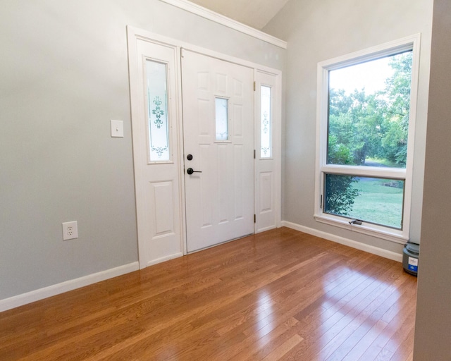 foyer entrance with hardwood / wood-style flooring and lofted ceiling