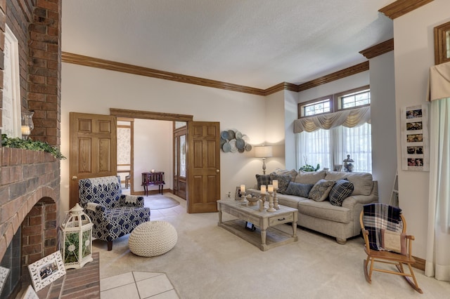 carpeted living room featuring a textured ceiling, a brick fireplace, and ornamental molding