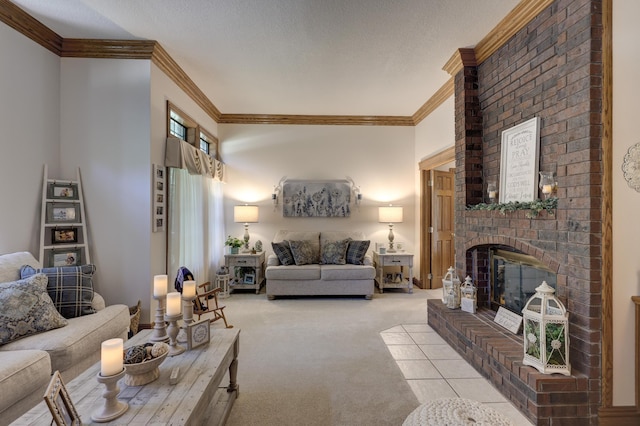 carpeted living room featuring crown molding, a fireplace, and a textured ceiling