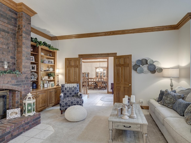 living room featuring a fireplace, light colored carpet, and ornamental molding