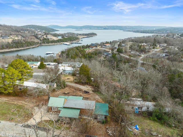 bird's eye view with a water and mountain view