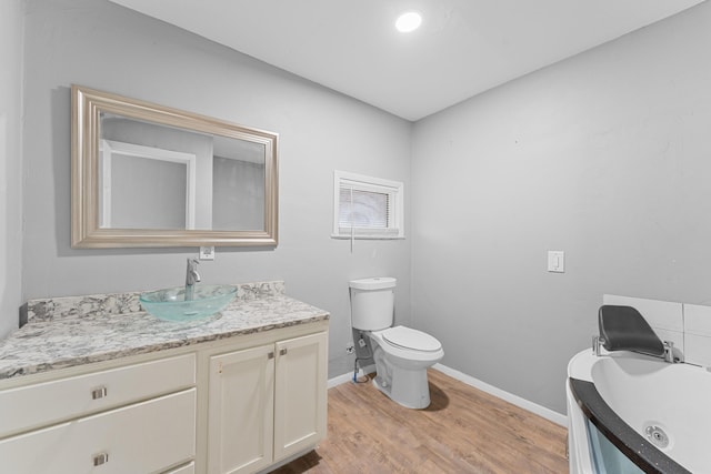 bathroom featuring hardwood / wood-style floors, vanity, toilet, and a bathing tub