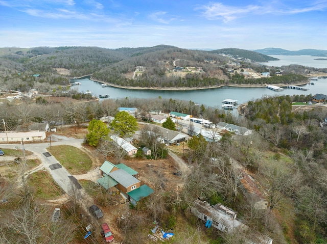 bird's eye view with a water and mountain view