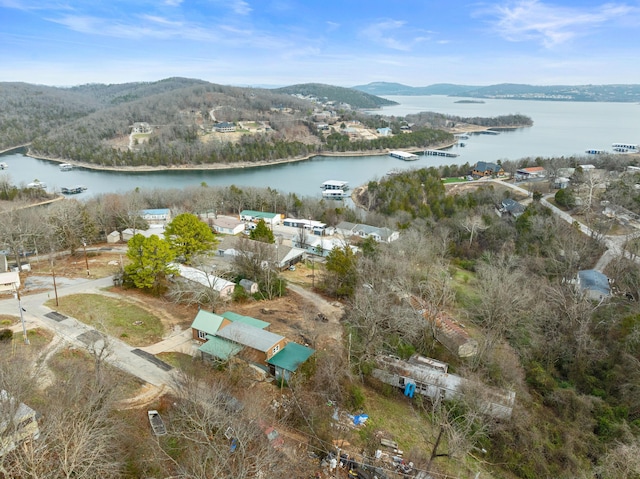 bird's eye view featuring a water and mountain view