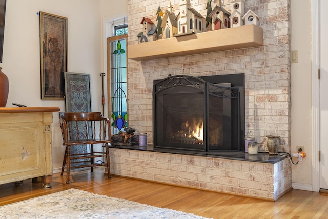 room details with hardwood / wood-style flooring and a fireplace