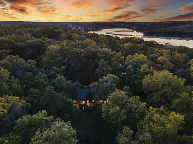 aerial view at dusk featuring a water view