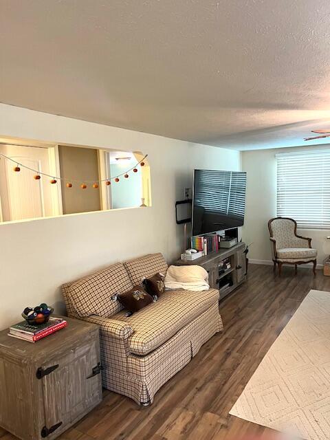 living room featuring a textured ceiling, ceiling fan, and dark wood-type flooring