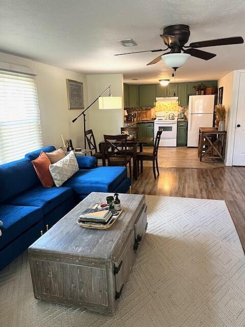 living room with ceiling fan and wood-type flooring