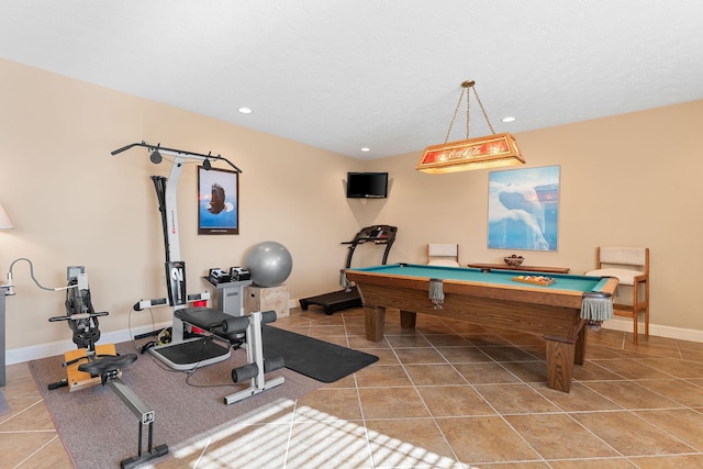 game room with tile patterned floors, billiards, and a textured ceiling