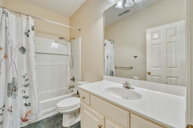 full bathroom with vanity, shower / bathtub combination with curtain, and toilet