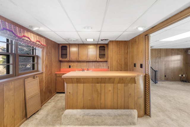 bar with light carpet, sink, a drop ceiling, and wood walls