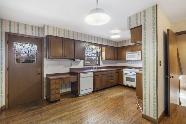 kitchen featuring sink, dark wood-type flooring, decorative light fixtures, white appliances, and dark brown cabinets