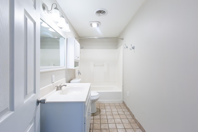 full bathroom featuring visible vents, toilet, tile patterned flooring, bathing tub / shower combination, and vanity