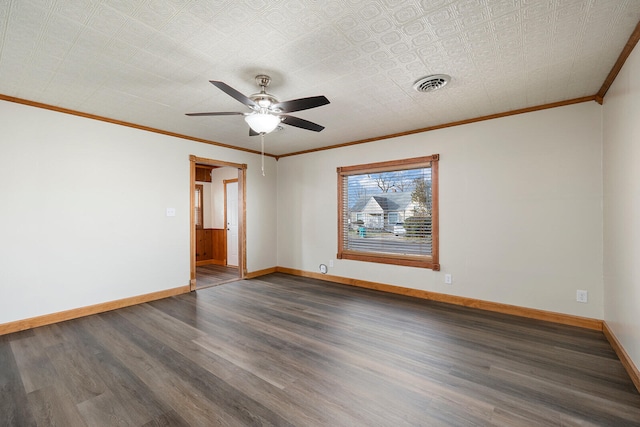 unfurnished room featuring ceiling fan, ornamental molding, and dark hardwood / wood-style flooring