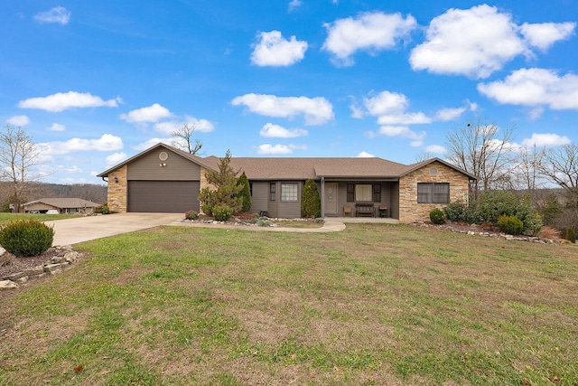 ranch-style house with a front yard and a garage