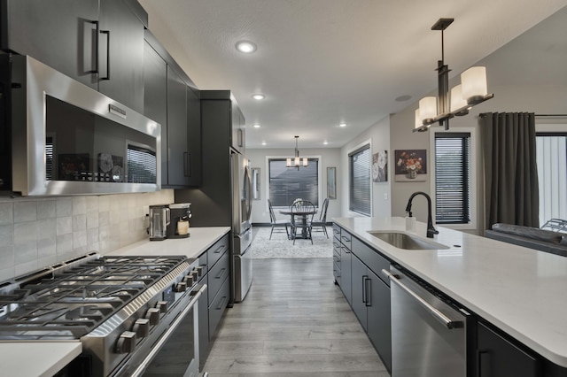 kitchen with backsplash, sink, decorative light fixtures, light hardwood / wood-style floors, and stainless steel appliances