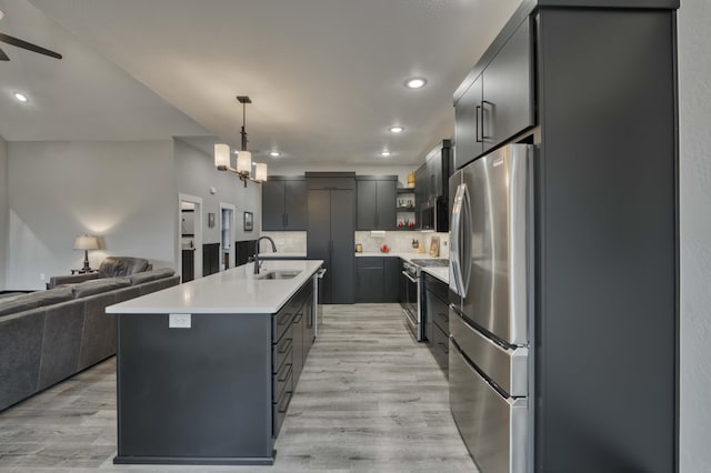 kitchen featuring sink, hanging light fixtures, stainless steel appliances, backsplash, and an island with sink