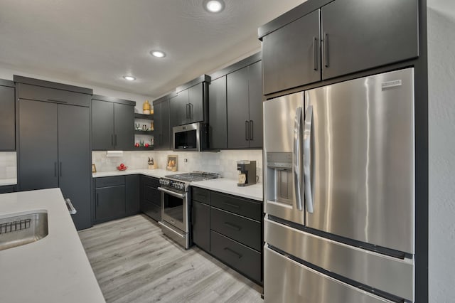 kitchen with backsplash, stainless steel appliances, and light hardwood / wood-style floors