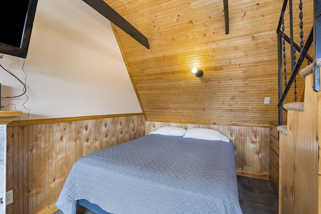 bedroom featuring lofted ceiling with beams, wooden walls, and wood ceiling