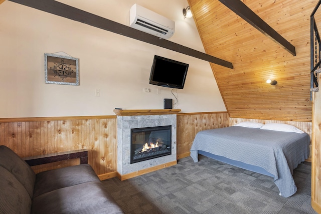 bedroom with vaulted ceiling with beams, a wall unit AC, wood walls, and wood ceiling