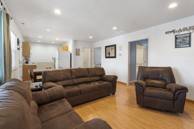 living room featuring a textured ceiling and light wood-type flooring