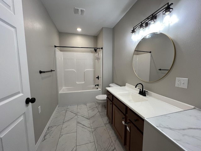 full bathroom featuring vanity, toilet, and tub / shower combination