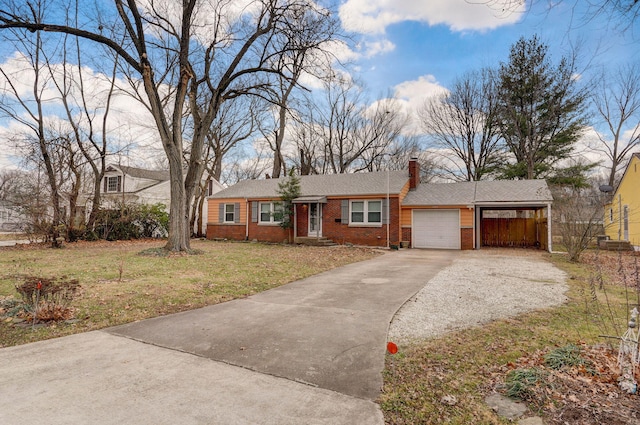 ranch-style home with a carport and a front lawn