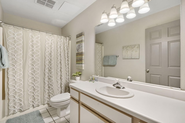 bathroom with tile patterned floors, vanity, toilet, and a shower with curtain