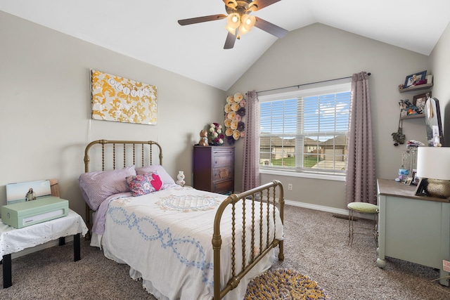 carpeted bedroom featuring ceiling fan and lofted ceiling