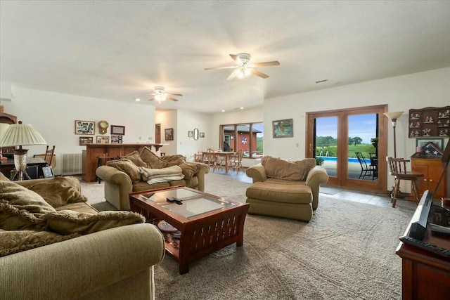 living room with ceiling fan