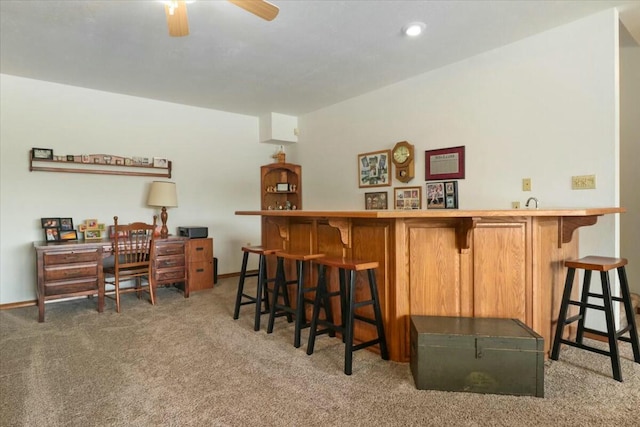 bar with carpet and ceiling fan