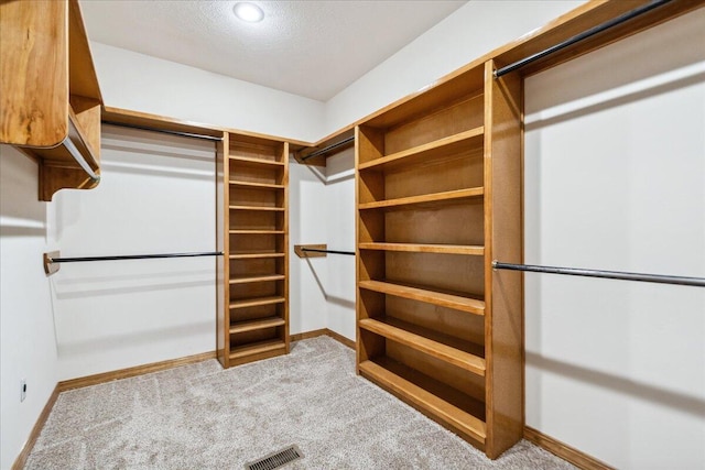 walk in closet featuring light colored carpet