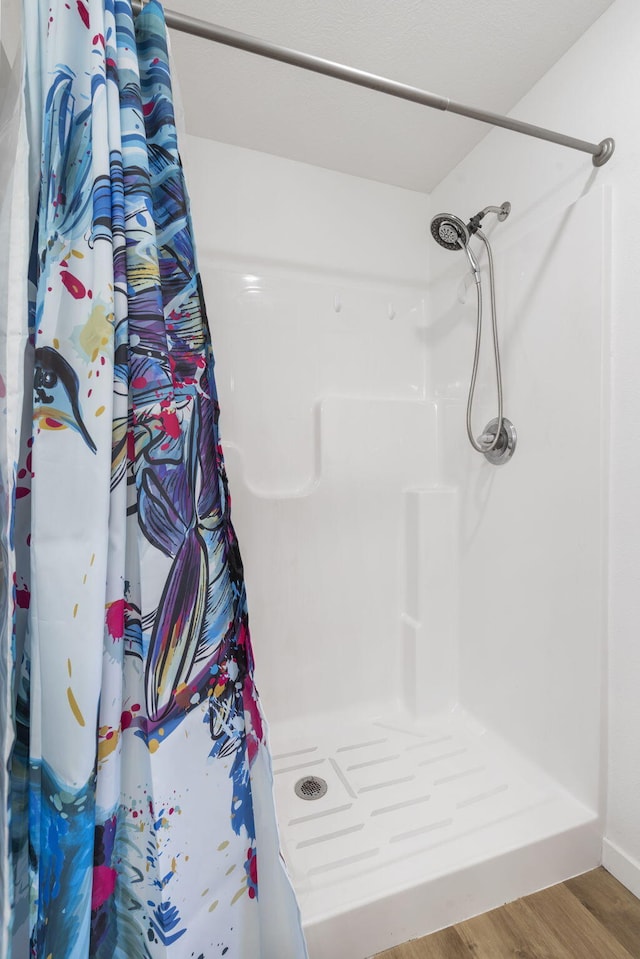 bathroom with hardwood / wood-style floors and walk in shower