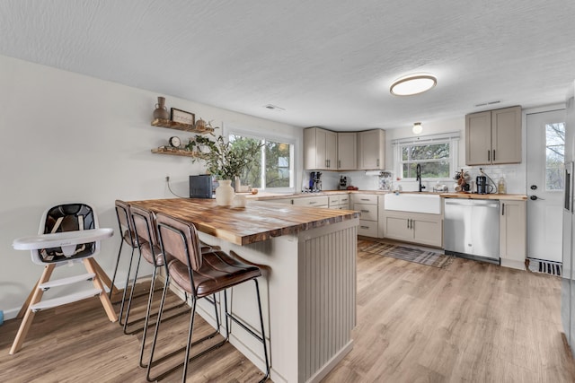 kitchen with sink, dishwasher, wood counters, a kitchen bar, and decorative backsplash