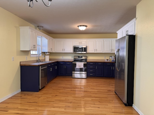 kitchen featuring white cabinetry, sink, blue cabinets, light hardwood / wood-style floors, and appliances with stainless steel finishes