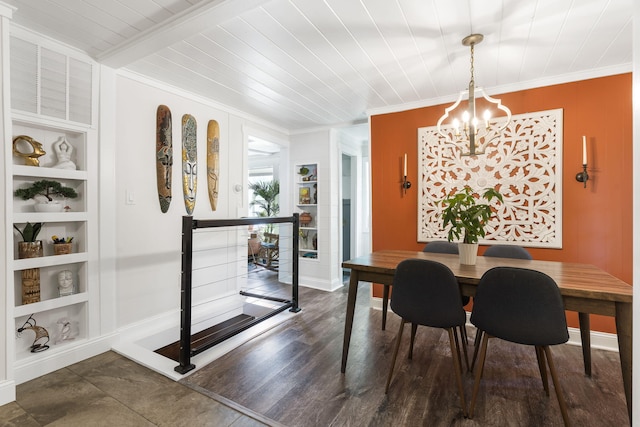 dining area with ornamental molding, beam ceiling, built in features, a notable chandelier, and dark hardwood / wood-style floors