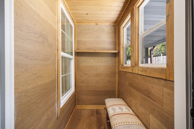 details featuring hardwood / wood-style floors and wood walls