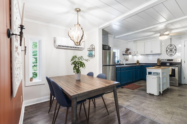 dining space with beam ceiling, sink, a wall mounted air conditioner, a chandelier, and wood ceiling