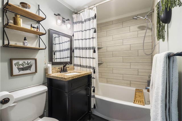 full bathroom featuring shower / bath combination with curtain, toilet, and vanity